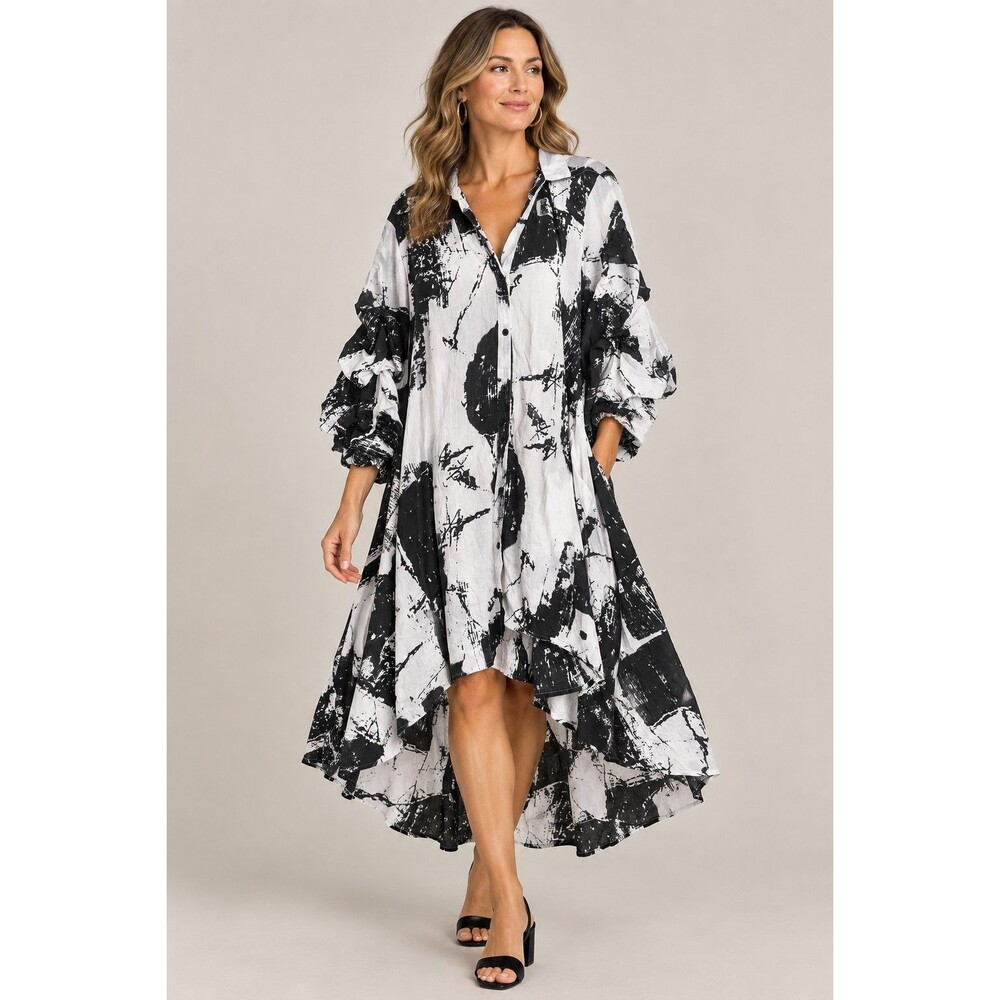 STEP IN STYLE Black White Art To Wear Hi-Low Lagenlook Swing Tunic Dress - 3X